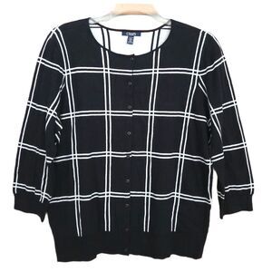 CHAPS Plus 1X Preppy Black Windowpane Grid Cotton Button Front Cardigan Classic